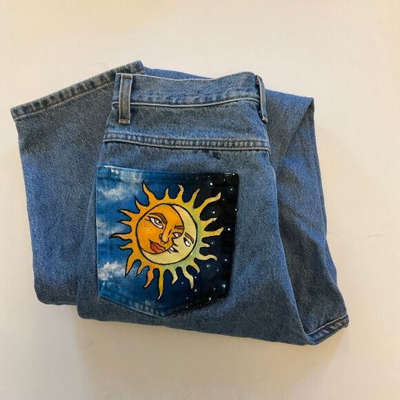 Upcycled LL Bean Straight Leg Jeans 5 Pocket, sun and bee painted on pockets! Si - Picture 3 of 16